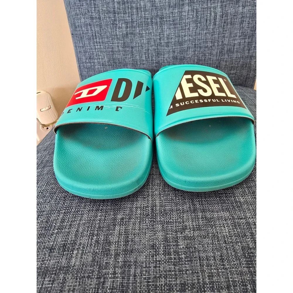 Diesel Men Turquoise Blue Logo Slide Sandals Pool Shoes Made in Italy Size 44
